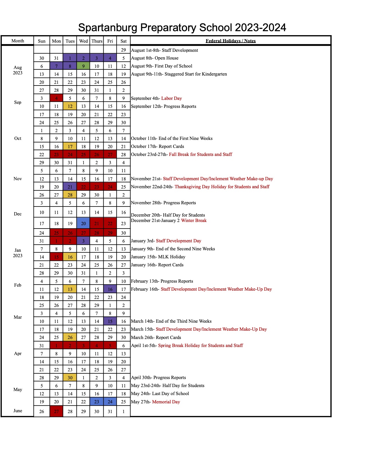 20232024 School Year Calendar Spartanburg Prep